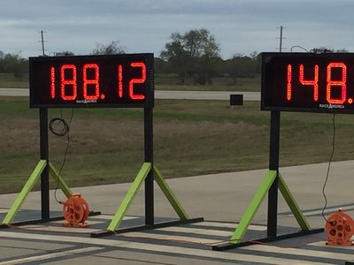 Jk Lambo top speed of 188.1 mph - 303 kph on 98 octane  at sulphur springs , texas .standing start half mile -800 metres 15 Nov 2015.JPG